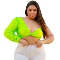 Cropped nula manga longa decote V nó torcido alça corrente slim e plus size blusa top manga unica comprida bufante malha suplex com bojo 36 ao 56