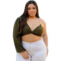 Cropped nula manga longa decote V nó torcido alça corrente slim e plus size blusa top manga unica comprida bufante malha suplex com bojo 36 ao 56