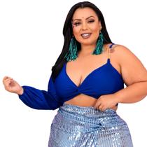 Cropped nula manga longa decote V nó torcido alça corrente slim e plus size blusa top manga unica comprida bufante malha suplex com bojo 36 ao 56