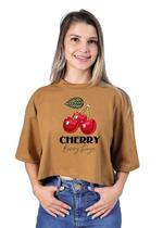 Cropped Oversized Feminino Blusa Manga Curta Estampa Cherry Casual Delicada