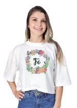 Cropped Oversized Feminino Blusa Solta Manga Curta Estampa Fé E Flores
