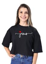 Cropped Oversized Feminino Blusa Soltinho Manga Curta Estampa Modelo Jesus