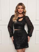 Cropped Paetê Com Detalhe Manga Longa Tule