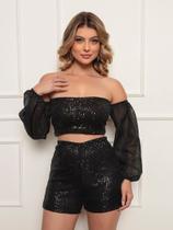 Cropped Paetê Ombro A Ombo Manga Tule