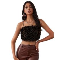 Cropped Pelinho Pelúcia Plumas Top Pelo 5 Cores Inverno Preto Bege Branco Onça Blogueira Tendencia Inverno Moda