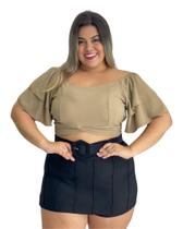 Cropped Plus Size Feminino de Manga Amarrar na Cintura 0313