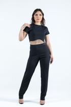 Cropped Preto Blusinha Manga Curta Moda Feminina Com Strass Blusa Malha Ribana Canelado Gola Redonda