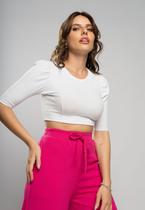 Cropped Princesa Gola Redonda Malha Canelada Branco Salvatore Fashion