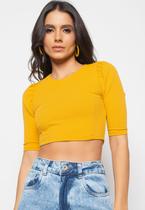 Cropped Princesa Gola Redonda Malha Canelada Mostarda Salvatore Fashion