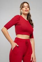Cropped Princesa Gola Redonda Malha Canelada Vermelho Salvatore
