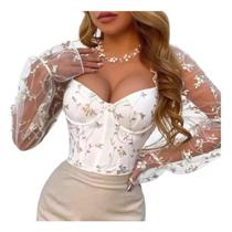 Cropped Renda Branca para Festa Natal Reveiilon Ano Novo Carnaval Chique Blusa Bordada Feminina Manga Bufante Elegante -