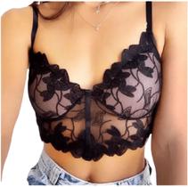 Cropped Renda Tule De Flor Real Guipir Feminino Modeni