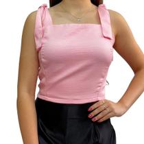 Cropped Rosa com Alças Laço e Costas Lastex