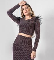 cropped sara tecido lurex ombreira de pluma