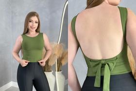 Cropped Sem Manga Costa Nua com Laço, Cropped Poliamida, Blusa Crropped, Cropped Regata Blusa Feminina