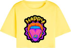Cropped T Shirt Feminino Casual Algodão Premium Happy
