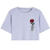 Cropped T Shirt Feminino Casual Curto Algodão Premium Mão Caveira Flor