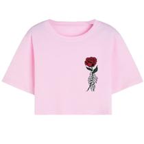 Cropped T Shirt Feminino Casual Curto Algodão Premium Mão Caveira Flor