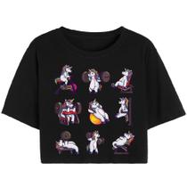 Cropped T Shirt Feminino Casual Curto Algodão Unicornio Academia