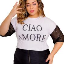 Cropped T-shirt Manga Paetê Plus Size Moda Blogueira - Ciao Cropped T-shirt Manga Paetê Plus Size Moda Blogueira - Ciao