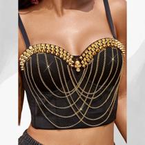 Cropped Top Blusa Bustier Bojo Alça Pinos Cravejado Gótico Luxo Linha Premium Preto M833