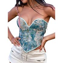 Cropped Top Blusa Bustier Corset Modelada Cintura Floral Verde Claro M843
