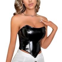Cropped Top Blusa Bustier sem alça Com Barbatanas Vinil Alto Brilho Preto M910