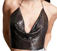 Cropped Top Blusa Luxo Frente Única Metal Brilhoso Alça Fina