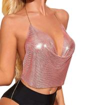 Cropped Top Blusa Luxo Frente Única Metal Brilhoso Alça Fina