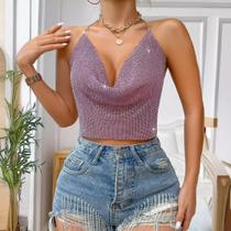 Cropped Top Blusa Luxo Frente Única Metal Brilhoso Alça Fina Cropped Top Blusa Luxo Frente Única Metal Brilhoso Alça Fina
