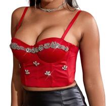 Cropped Top Bustier Blusa com Bojo Reforçado Alça com Regulagem Strass Premium Vermelho M860
