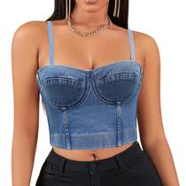 Cropped Top Bustier Jeans Com Bojo e Alça Casual Luxo Premium Azul Aço M918