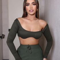 Cropped Top Canelado Feminino Manga Longa com Bojo - Diversas Cores