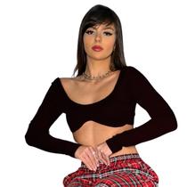 Cropped Top com Bojo em S Manga Longa estilo blogueira influencer Deolane gringa em tecido canelado