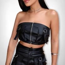 Cropped Top Couro Feminino sem alça Ziper Cargo Festa