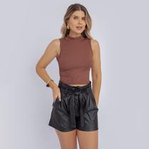 Cropped Top Feminino Casual Gola Alta Canelado Verão Premium