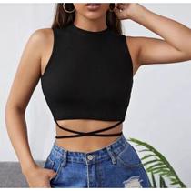 Cropped top feminino cavado x na frente amarração atrás malha canelada