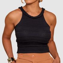 Cropped Top Feminino Regata Gola Trança Tricot Modal Verão