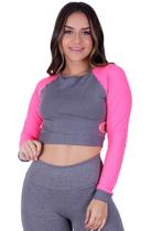 Cropped / top fitness mangas longas em tela rosa com mescla