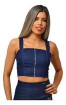 Cropped Top Jeans Feminino com Zíper Moda Verão