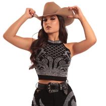 Cropped Top Moda Country Feminino Preto com Brilhos Prata Pedras Strass Cavado Regata Texas Ranch Jeans Oficial Rodeios e Festas