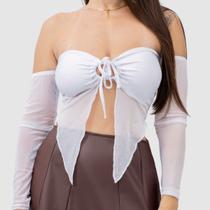 Cropped Top Ombro A Ombro Decotado Manga Longa Tule Transparente Sexy Verão Soltinho Cropped Top Ombro A Ombro Decotado Manga Longa Tule Transparente Sexy Verão Soltinho