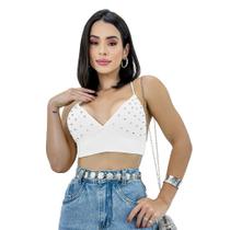 Cropped Top Regata Neoprene Brilho Strass Moda Festa Chique