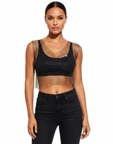 Cropped Top Tela Arrastão com Brilho em Strass
