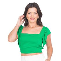 Cropped Viscolinho Feminino Liso Manga Babado Com Amarração