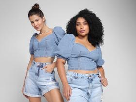 Cropped Vista Magalu Jeans Manga Bufante Denim City Cropped Vista Magalu Jeans Manga Bufante Denim City