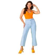Cropped wide leg, jeans 100% algodão, cintura alta