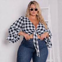 Cropped Xadrez Feminino Plus Size Amarração Frontal Casual Chic Cropped Xadrez Feminino Plus Size Amarração Frontal Casual Chic