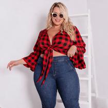Cropped Xadrez Feminino Plus Size Amarração Frontal Casual Chic