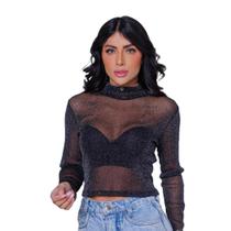 Croppeds em tule Lurex Manga Longa Transparente